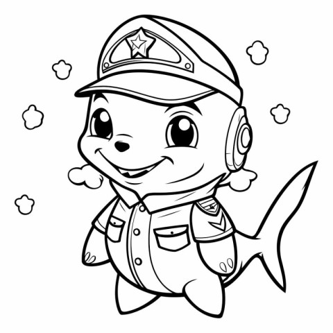 Black and White Cartoon Illustration of Cute Little Shark Captai