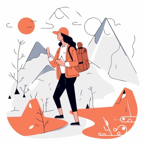 Tourist girl with backpack and compass in the mountains