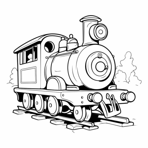 Vintage Steam Locomotive. Black and White Cartoon Illustration