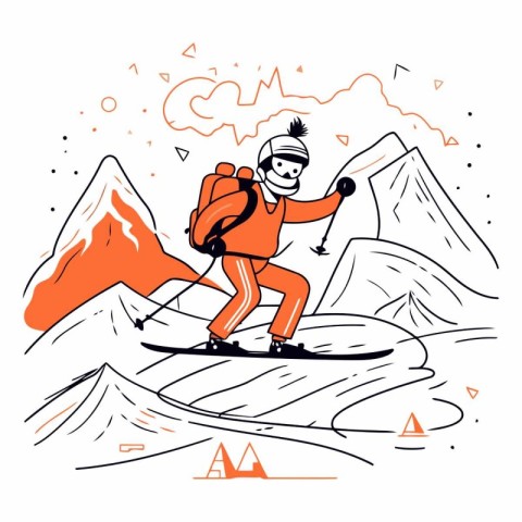 Vector hand drawn illustration of a man in a ski suit on the bac