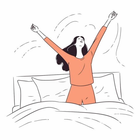 Young happy woman waking up in the morning in bed.