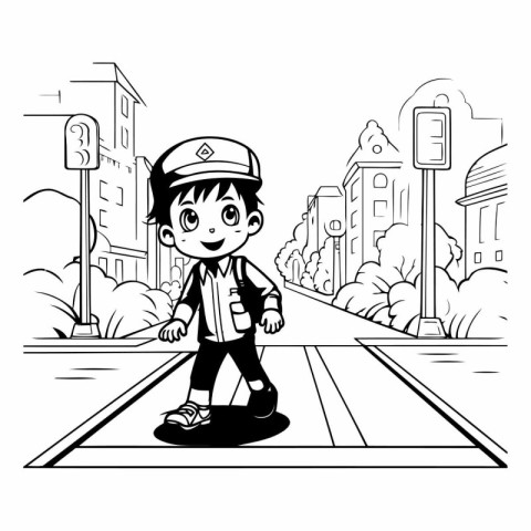 Boy in a cap on the road of a cartoon character.