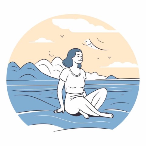 Vector illustration of a beautiful woman sitting on the beach an