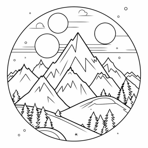 Mountains and forest icon set. Outline illustration of mountains