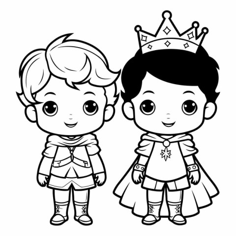 Boy and girl in princess costume. Black and white vector illustr