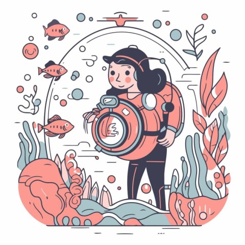 Vector illustration of a diver girl in a coral reef with fish.