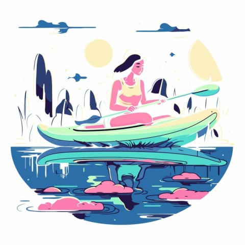 Young woman kayaking on the lake in flat style