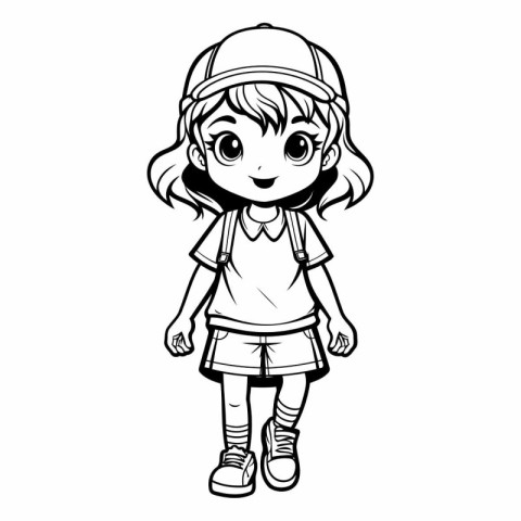 Cute little girl in helmet for coloring book.