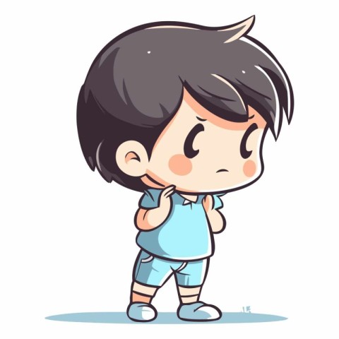 Cute little boy standing and thinking. Vector cartoon character