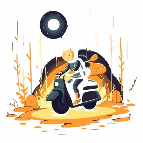 Vector illustration of a boy riding a motorcycle in the autumn f