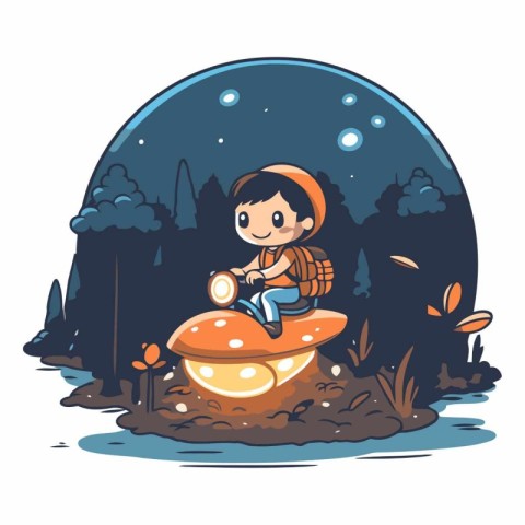 Little boy sitting on a mushroom in the forest.