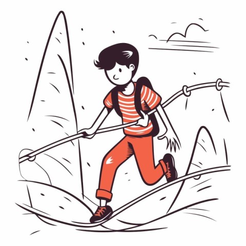 Vector sketch of a boy on a skateboard in the mountains.