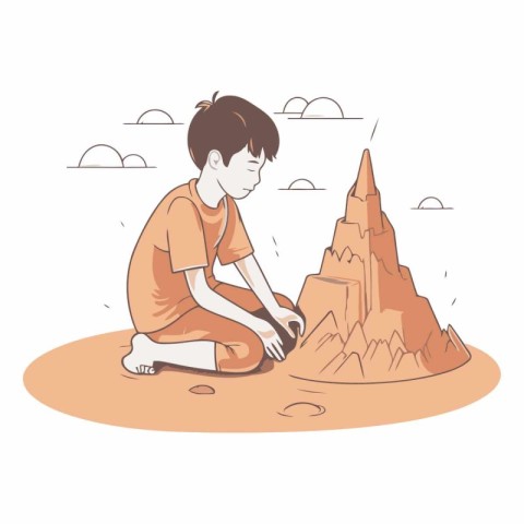 Illustration of a boy sanding a sandcastle on a white background