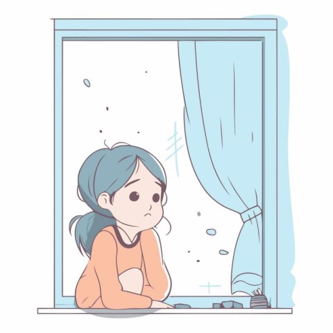 Illustration of a sad girl sitting in front of a window.