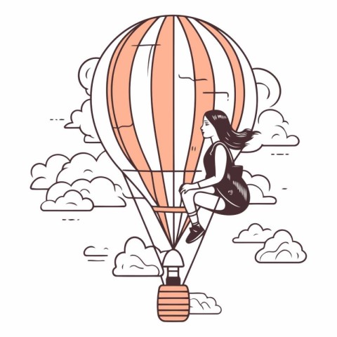 Woman flying on hot air balloon in thin line style.