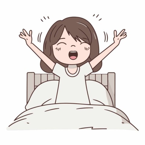 Illustration of a young woman yawning in bed. White background.