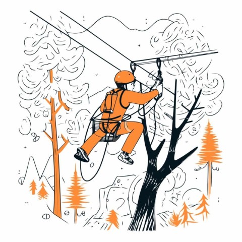 Climbing in the forest. Hand drawn vector illustration in sketch