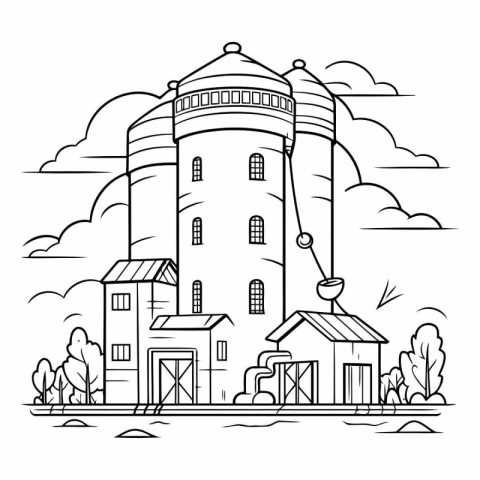 Water tower in the park in line art style.