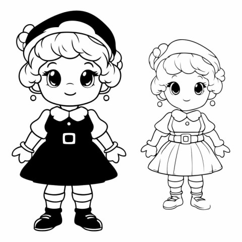 Coloring book for children. Little girl in a dress and hat