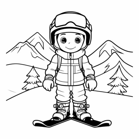 Black and White Cartoon Illustration of Kid Snowboarder Characte