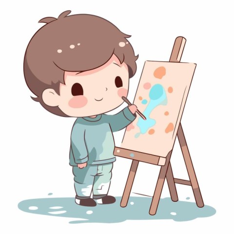 Cute little boy painting a picture on easel vector illustration.