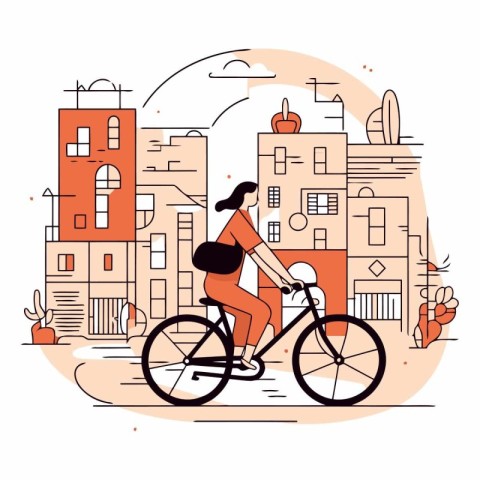 Young woman riding bicycle in the city in flat style