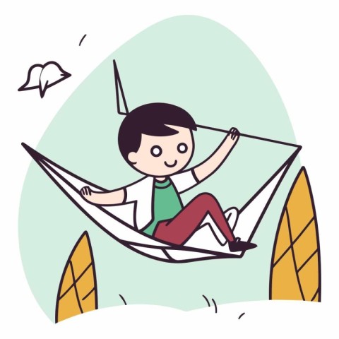 Boy in a hammock of a cartoon character.