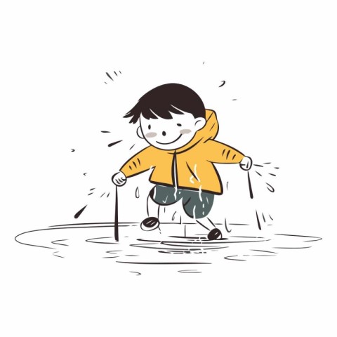 Illustration of a boy playing in a puddle. Vector.