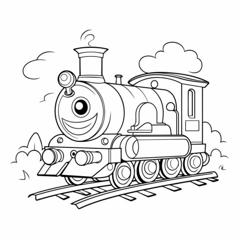 Black and white vector illustration of a cartoon train. Coloring