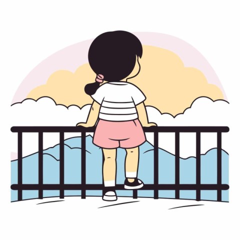 Little girl standing on the bridge and looking at the landscape.