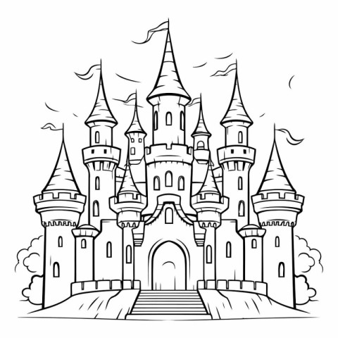 Fairytale castle. Black and white vector illustration for colori