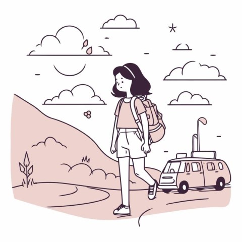 Young woman traveler with backpack and car on the road.