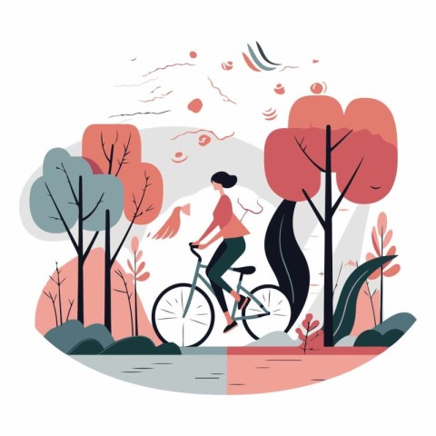 Vector illustration of a girl riding a bicycle in the autumn par