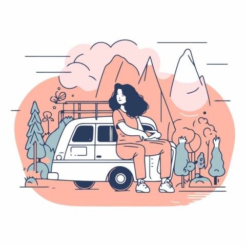 Vector illustration of a woman sitting on a camper van in the mo