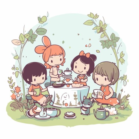 Cute cartoon kids playing tea party in the garden.