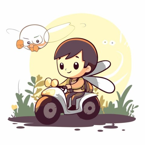 Cute little fairy riding a motorbike in the park.