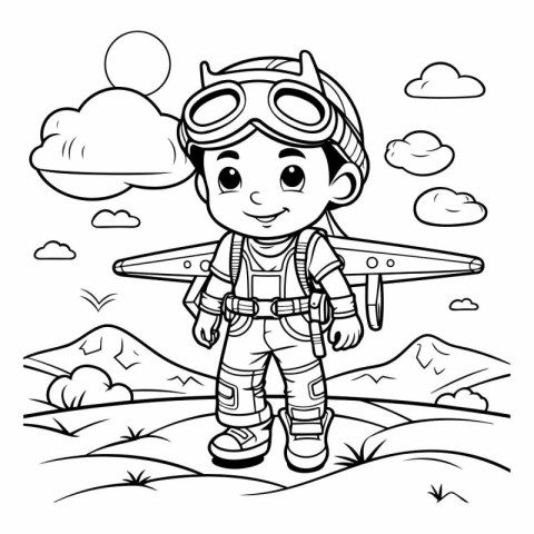 Black and White Cartoon Illustration of Kid Boy in Pilot Costume