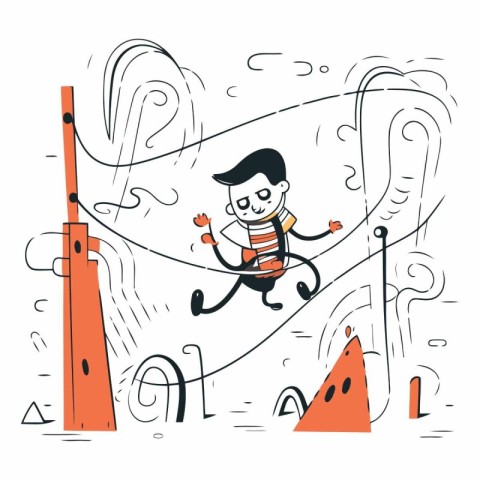 Vector illustration of a man climbing a rope in the city. Linear