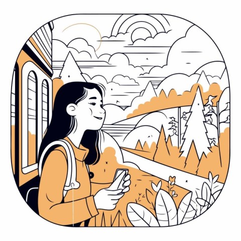 Vector illustration of a woman with a backpack on the background