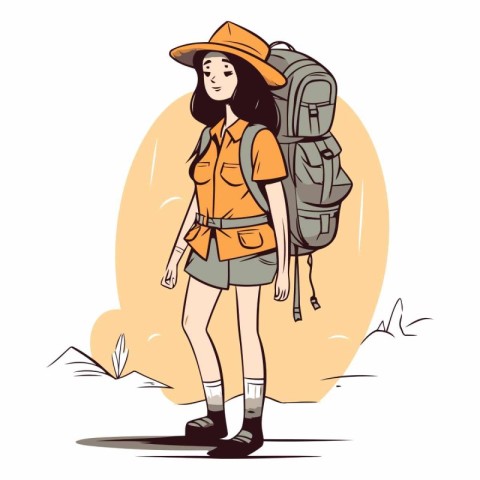 Tourist girl with a backpack in cartoon style.