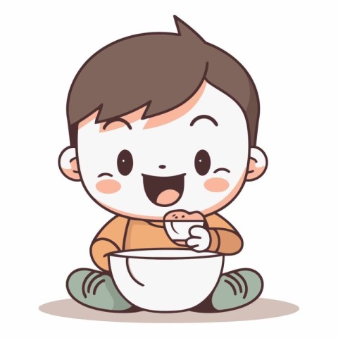 Boy eating a bowl of soup. Cute cartoon character vector illustr