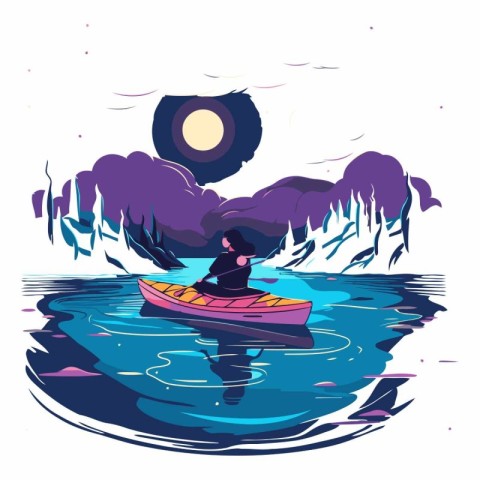 Vector illustration of a girl in a kayak on the lake.