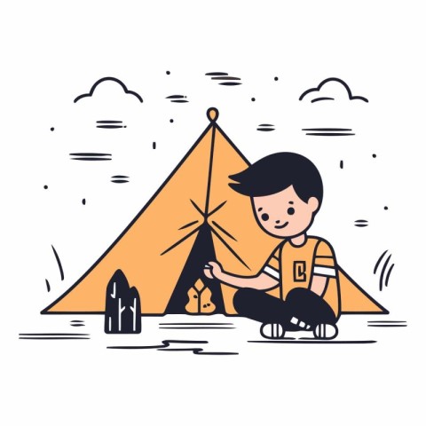 Cute boy sitting near the tent in linear style