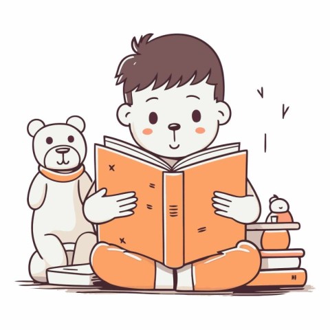 Boy reading a book with teddy bear and bear.