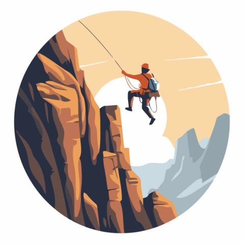 Climber on a cliff in flat style.