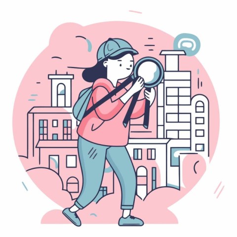 Vector illustration of a girl with a magnifying glass in the cit