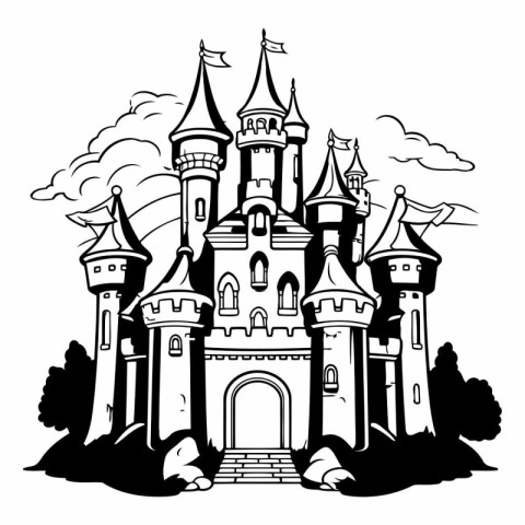 Castle in the forest. Black and white vector illustration for co