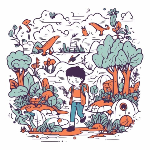 Vector illustration of a boy walking in the forest.