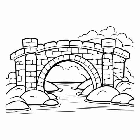 Black and White Cartoon Illustration of Medieval Stone Bridge or