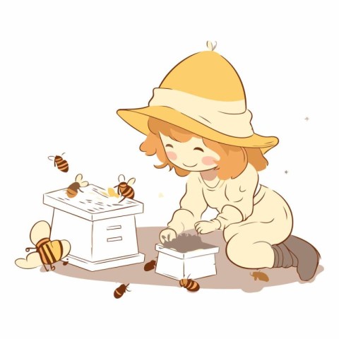 Little girl in beekeeper hat working with bees and honeycombs